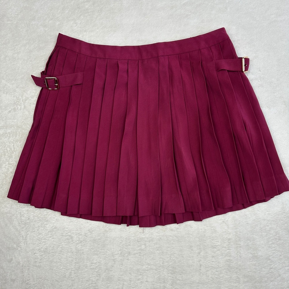 Mango MNG Burgundy Pleated Mini Skirt Side Buckles‎ Wine Red Size M US 6